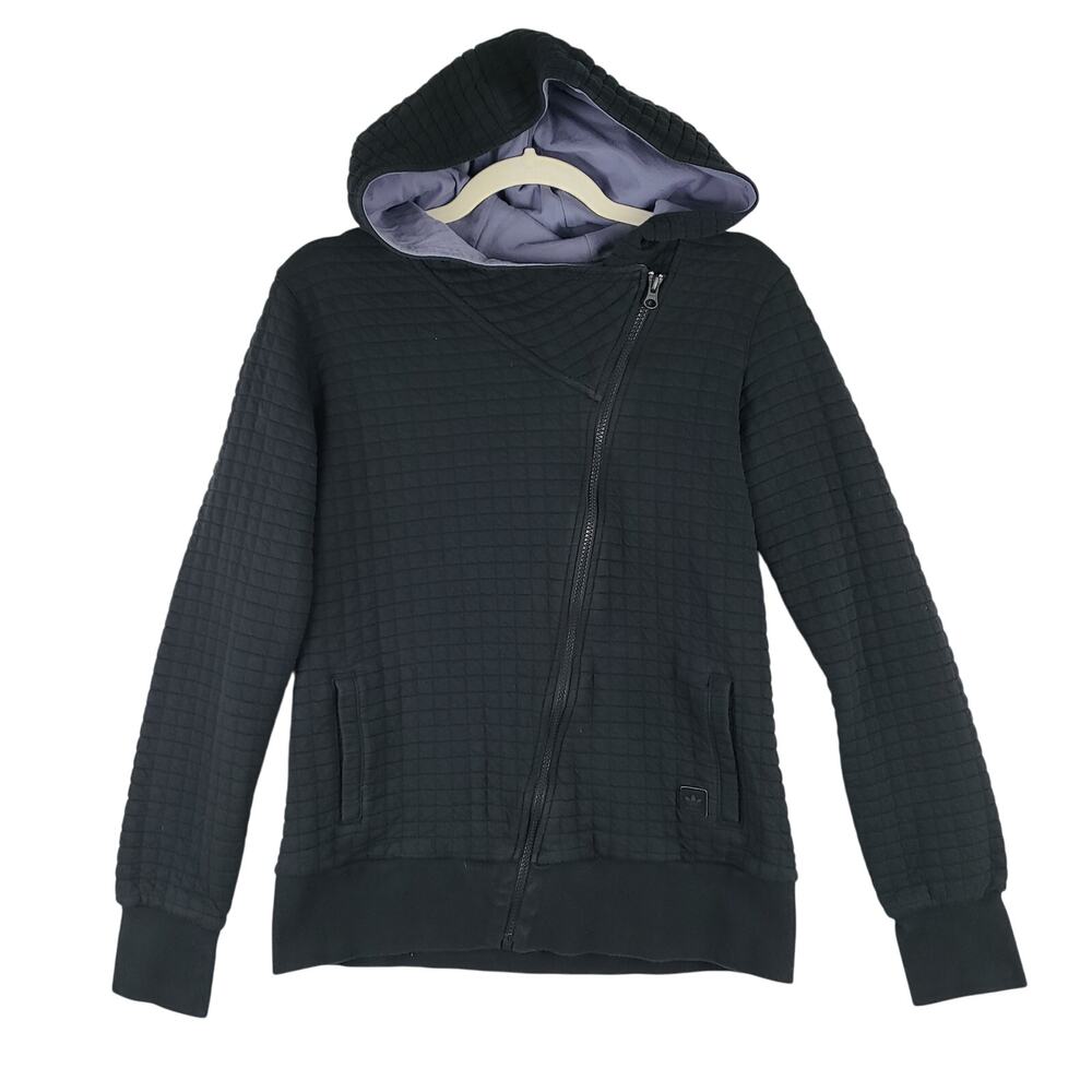 Adidas Size M Asymmetrical Zip Up Quilted Hoodie Sweatshirt Black Elevated Basic